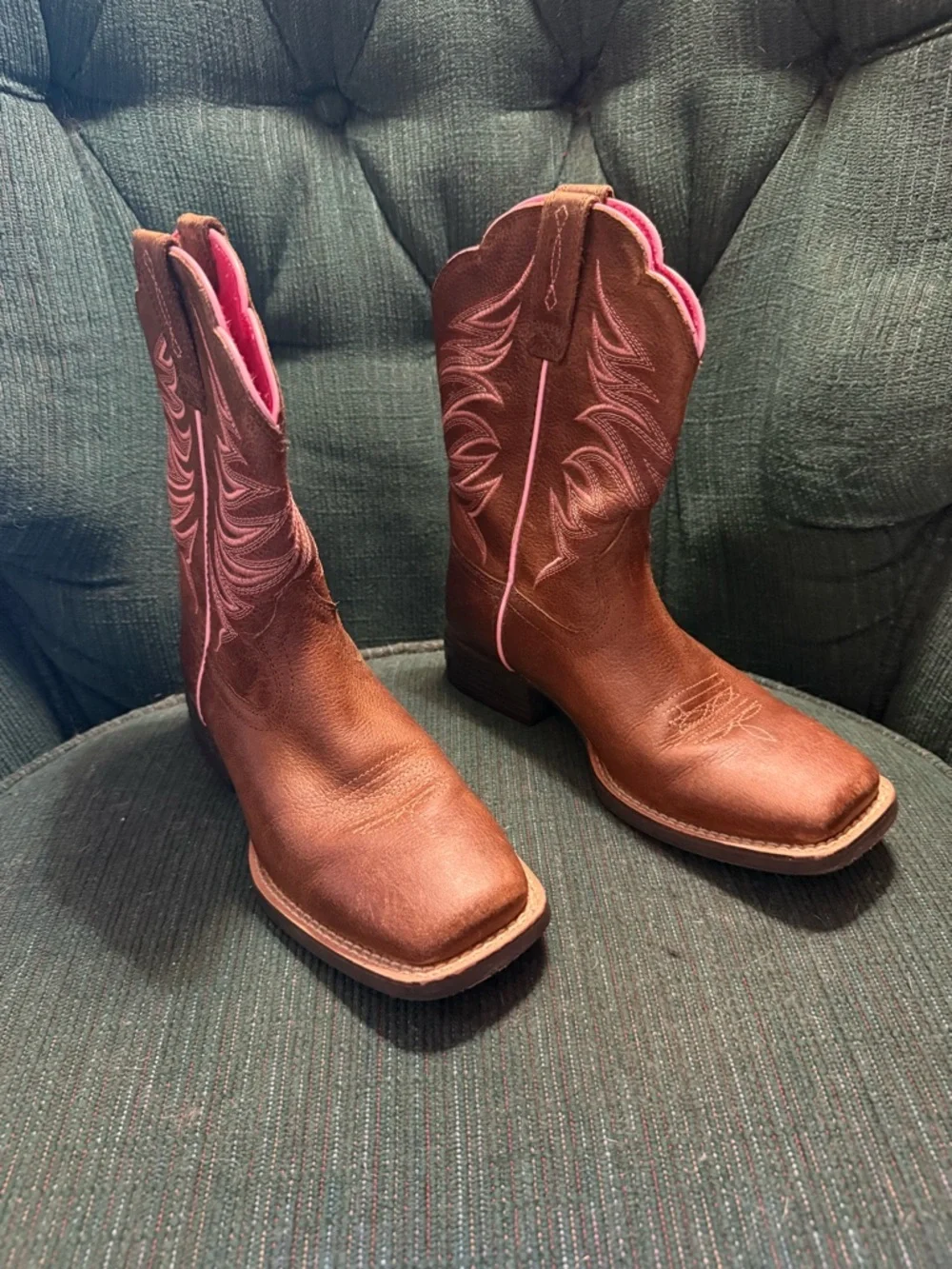 ARIAT Girls Youth Western Cowboy Leather Boots Size 2 Brown Pink Accents